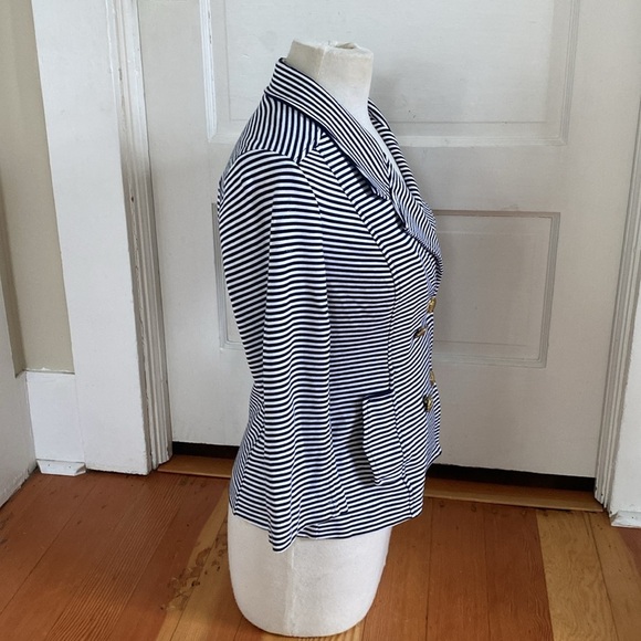 CAbi 3/4 Sleeve Double Breasted Navy Blue White Striped Knit Blazer Small - Picture 2 of 5